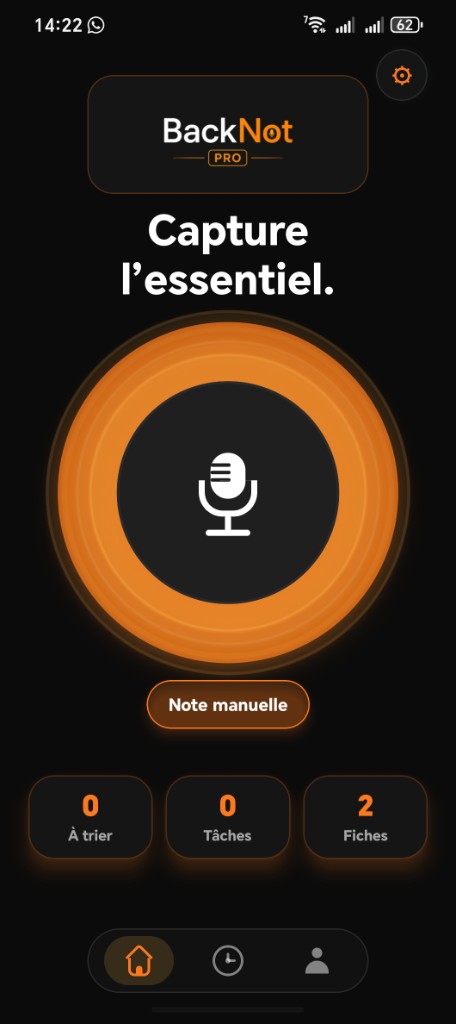 Backnot PRO — interface premium avec traitement IA des notes vocales
