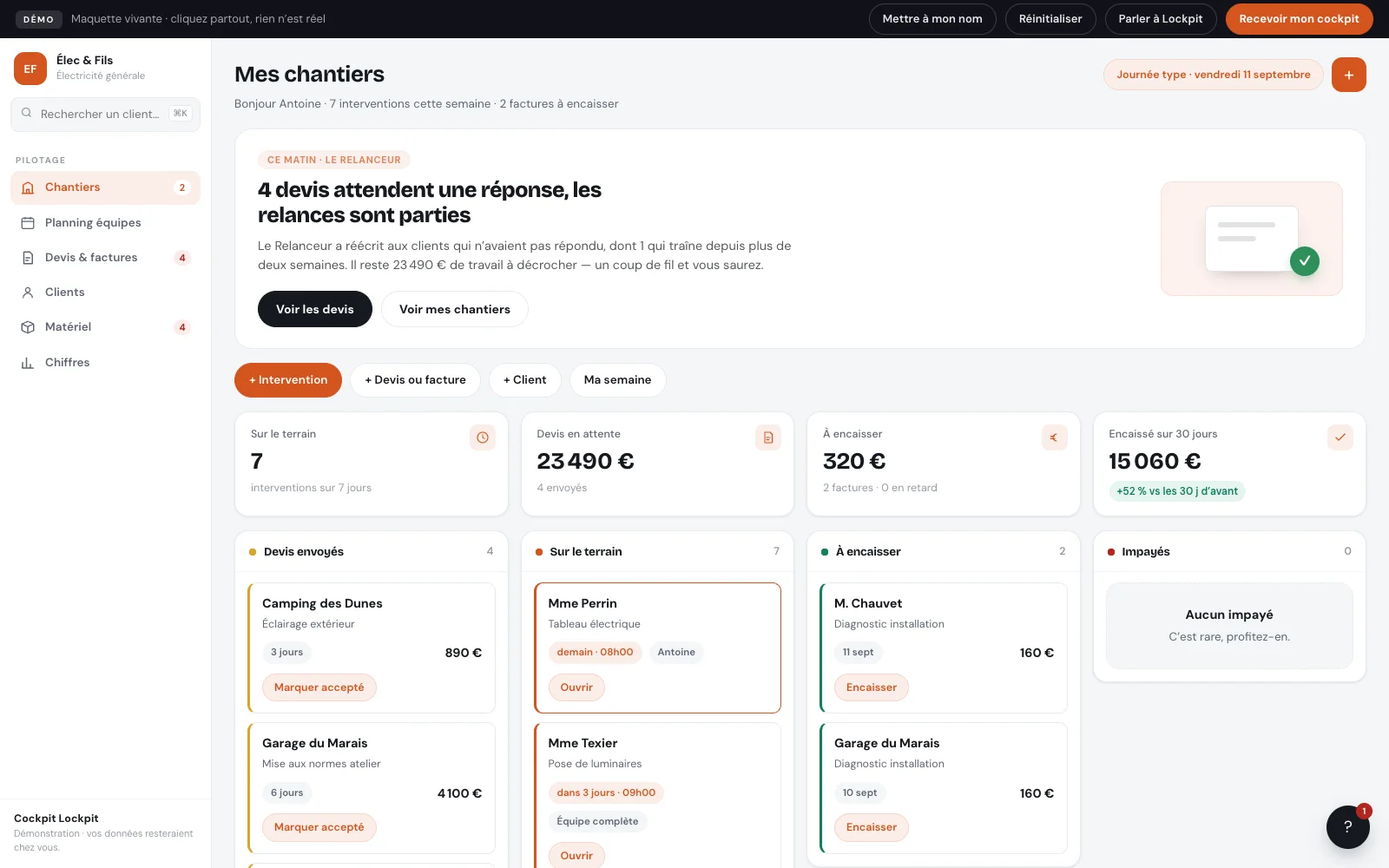 Accueil du cockpit Élec & Fils, logiciel de démonstration pour artisan du bâtiment