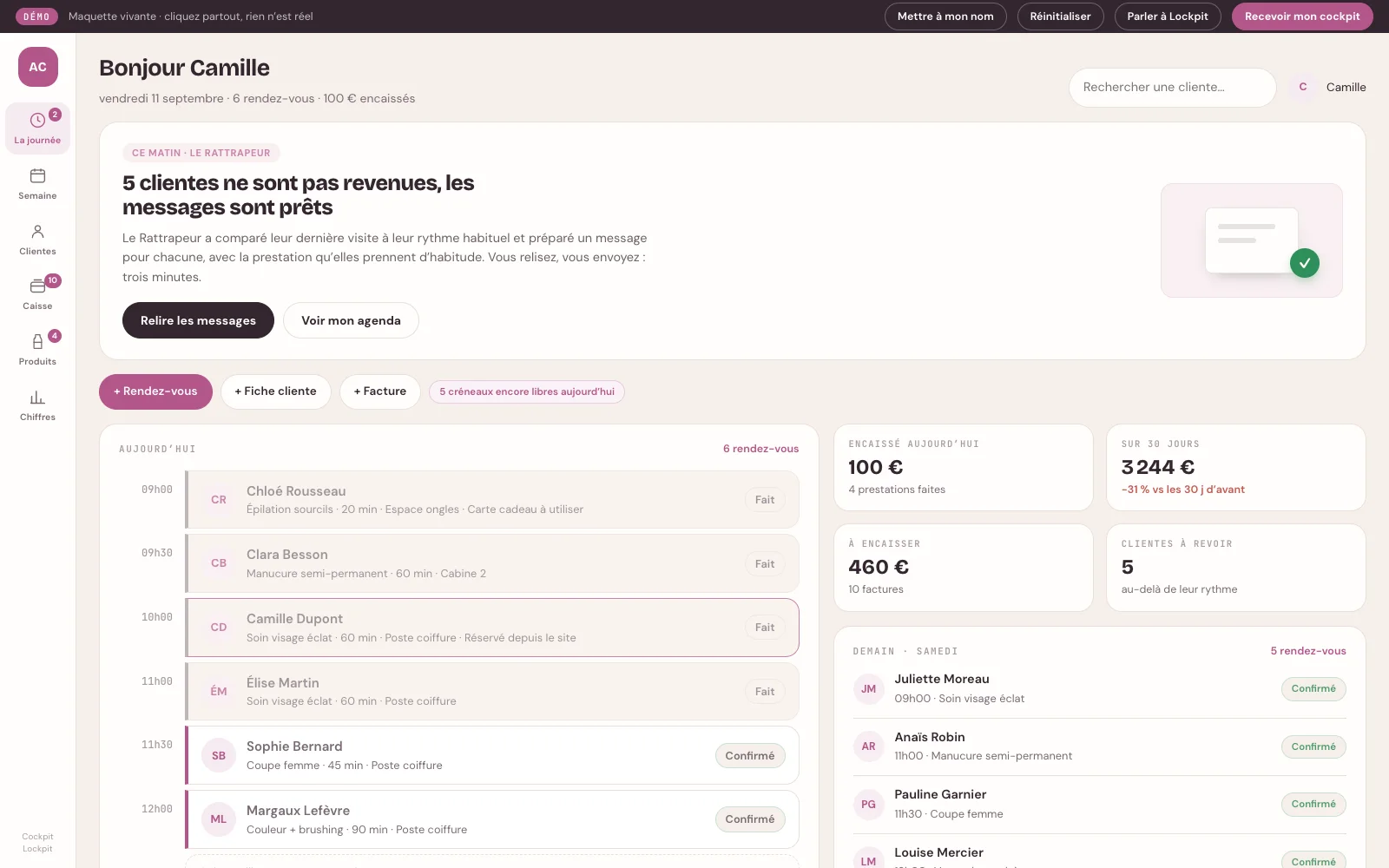 Accueil du cockpit L’Atelier Camélia, logiciel de démonstration pour institut de beauté