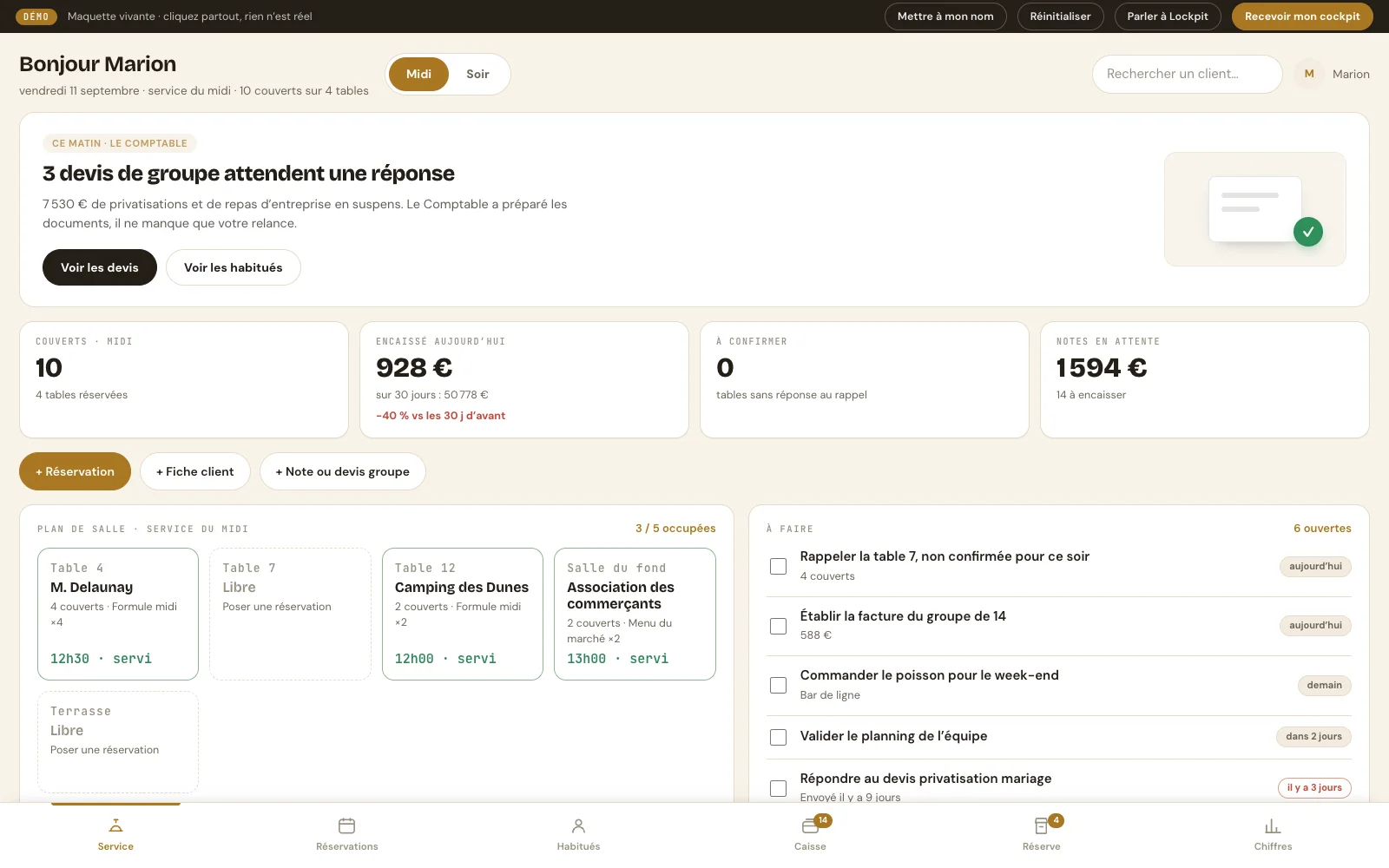 Accueil du cockpit La Table du Quai, logiciel de démonstration pour restaurant
