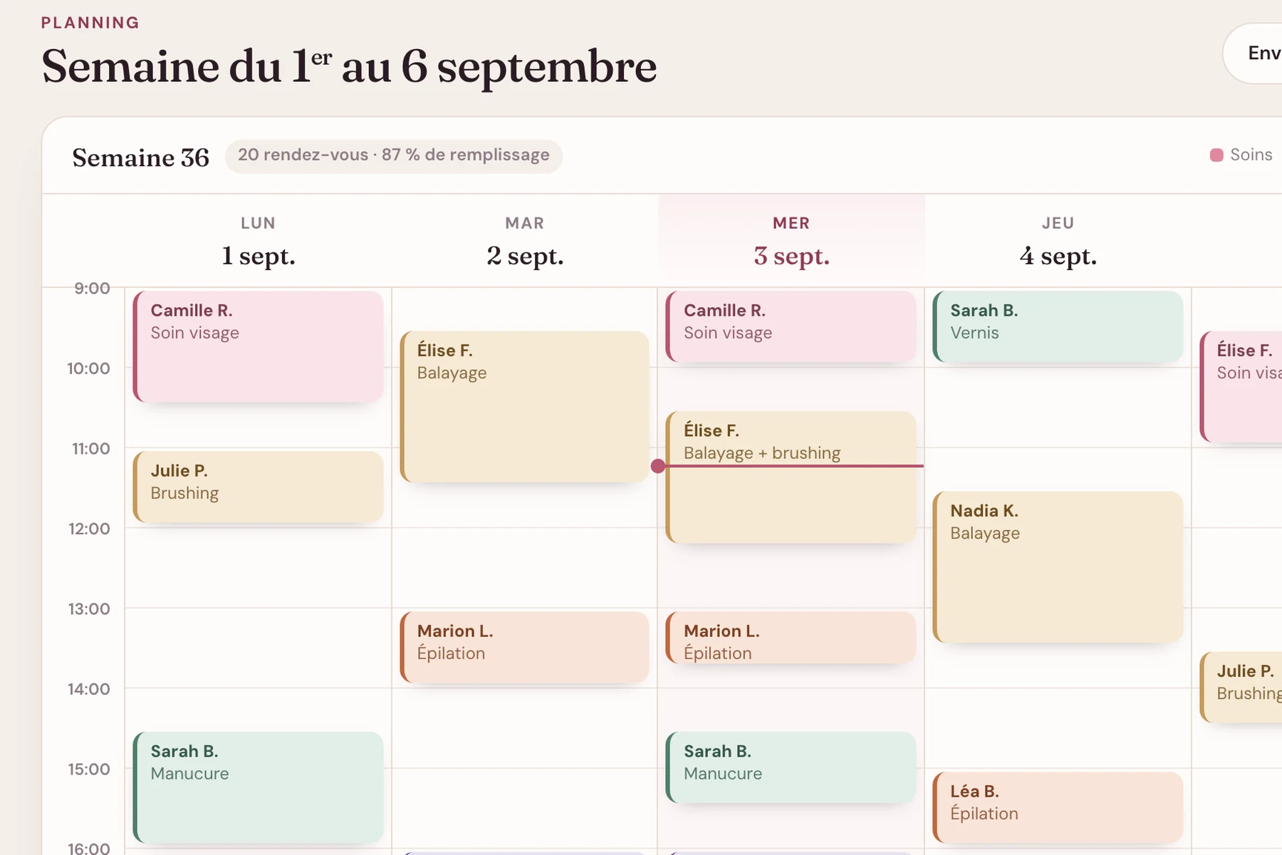 Planning hebdomadaire d'un cockpit métier : rendez-vous colorés par prestation, du lundi au samedi